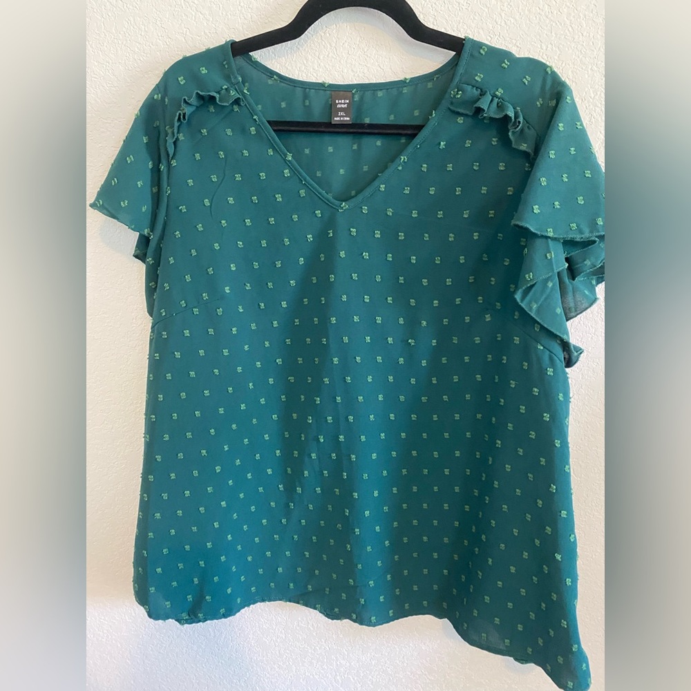 Shein Curve Teal Green Textured Dot Blouse – Size 2XL